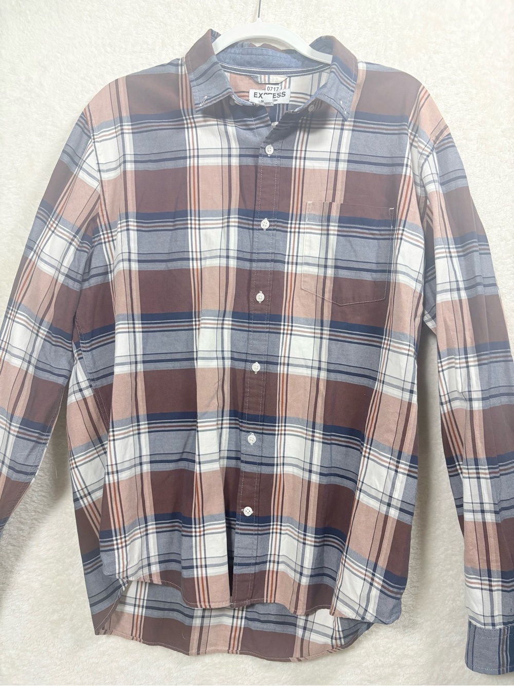 Express Men’s Brown, Blue & White Plaid Button-Down Shirt XL 0717